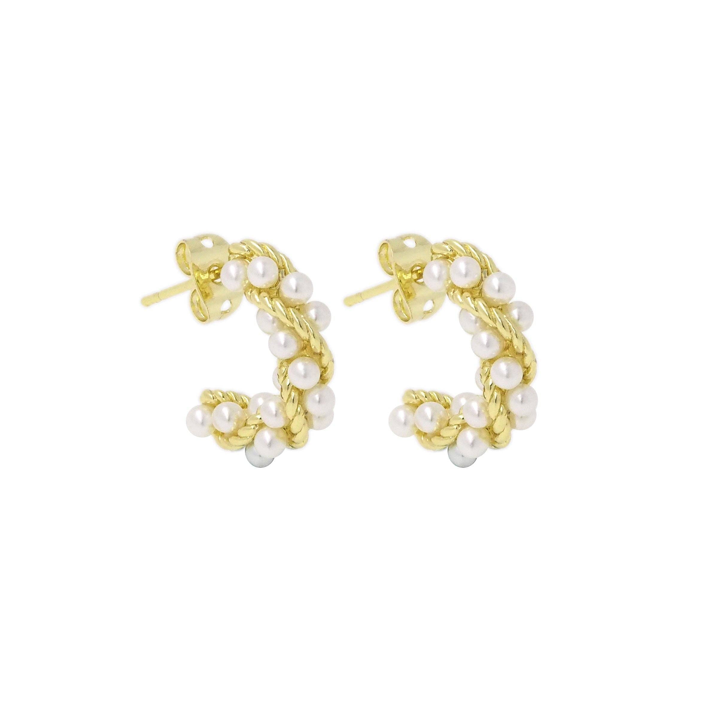 Gold Twisted White Pearl C Hoop Earrings, Sku#LX394