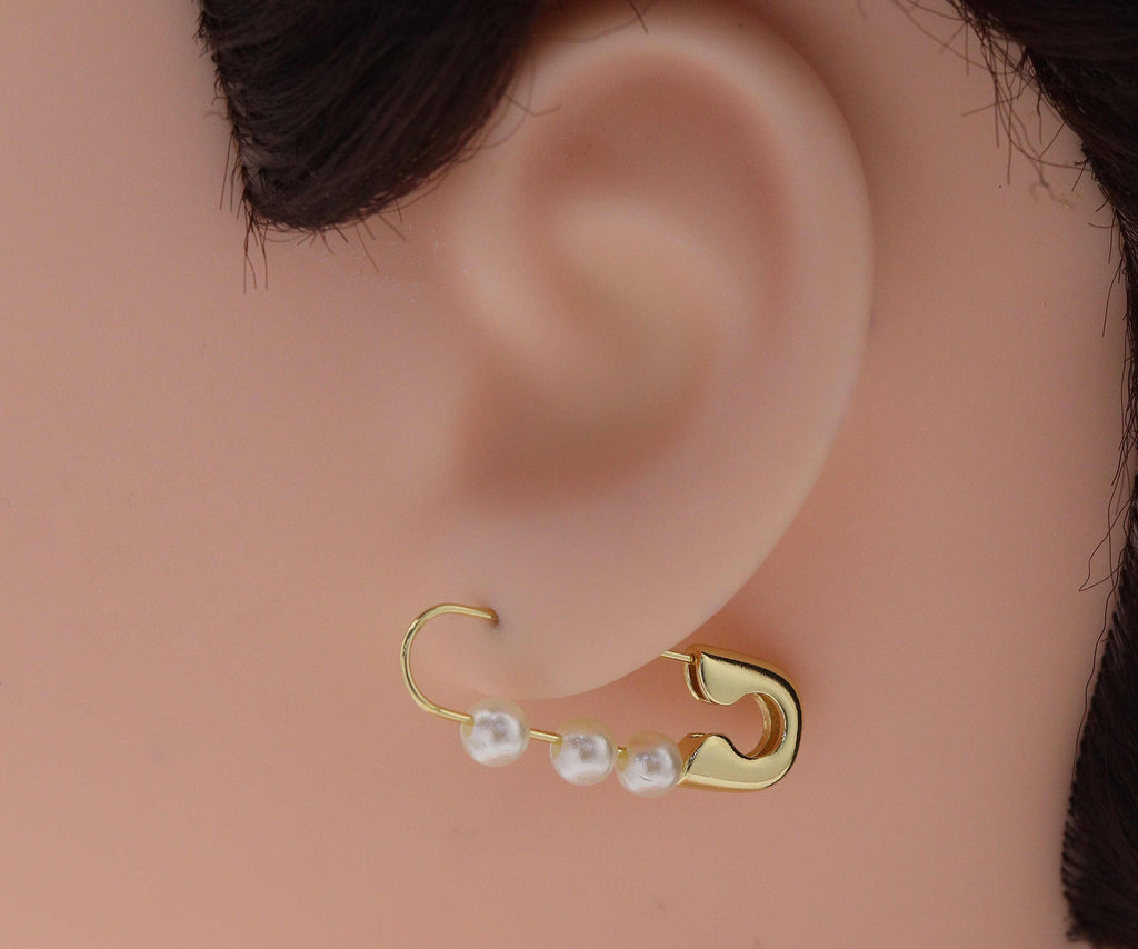 Gold Safety Pin with Pearl Huggie Earrings, Sku#LX39