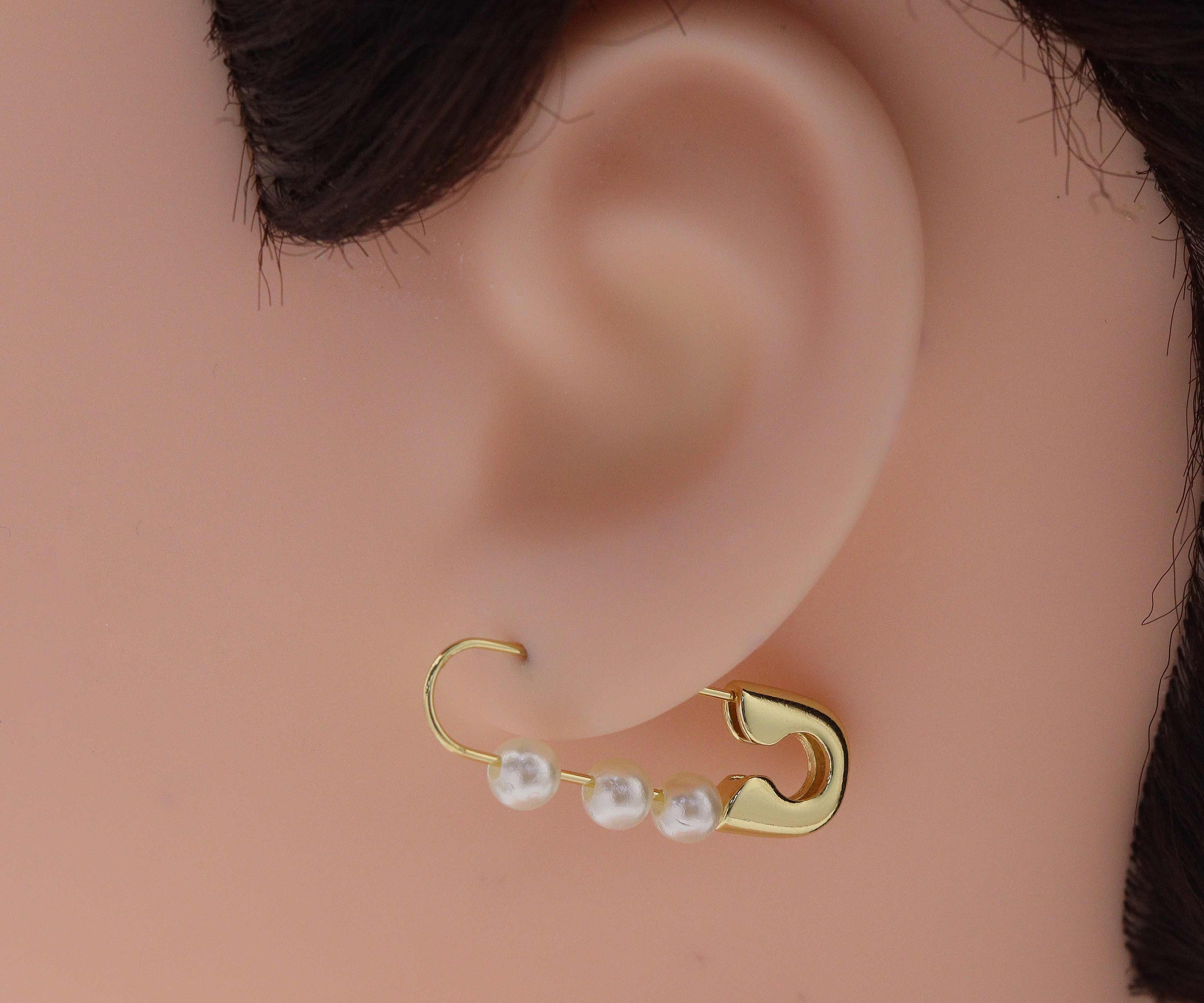 Gold Safety Pin with Pearl Huggie Earrings, Sku#LX39
