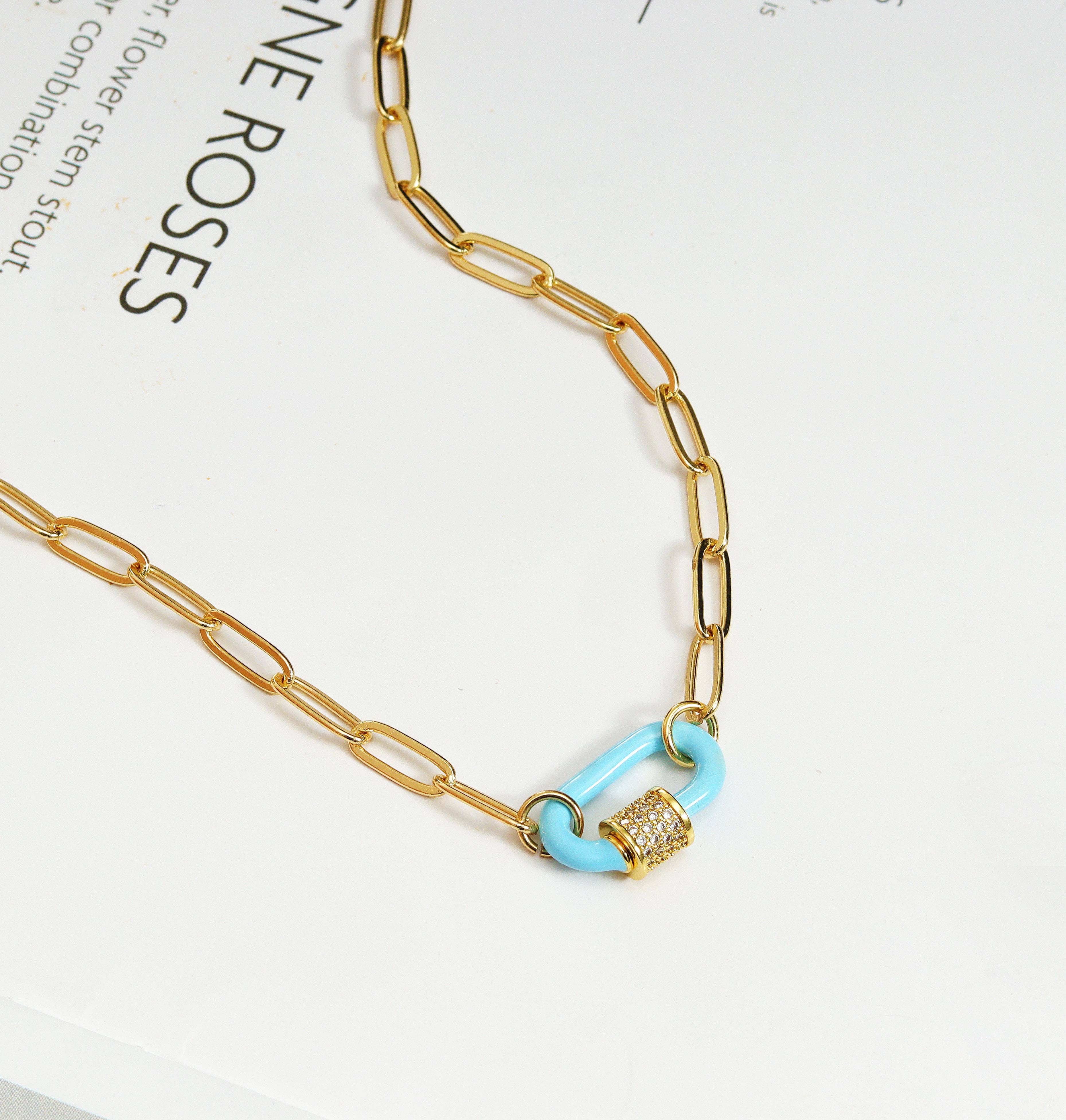 Mini Enamel Oval Clasp Paperclip Necklace, Sku#CL06