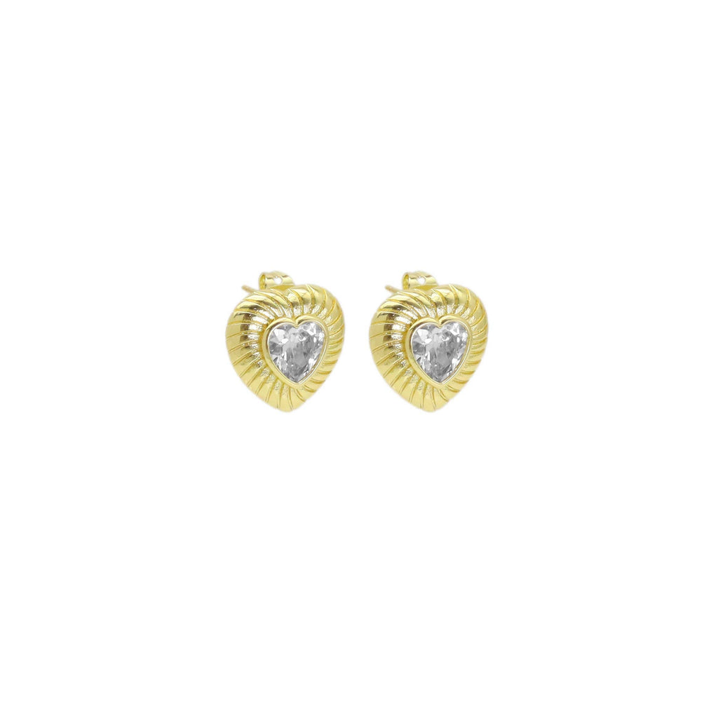 Gold Heart Clear CZ Stud Earrings, Sku#Y933