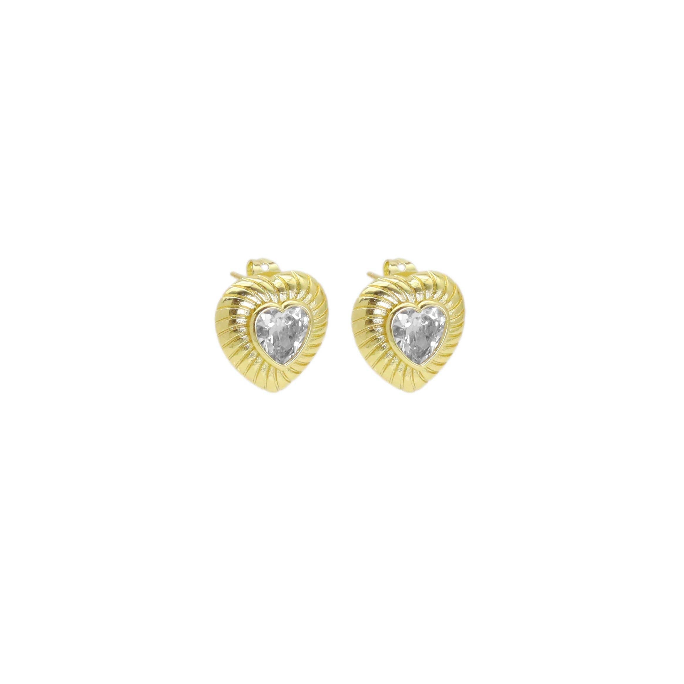 Gold Heart Clear CZ Stud Earrings, Sku#Y933