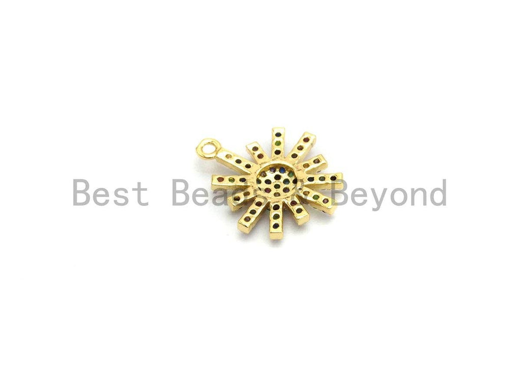 Multi-Color CZ Micro Pave Radial Flower Star Pendant, Flower Shaped Pave Pendant, Gold plated, 14x17mm, Sku#B106