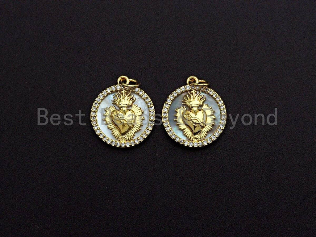 Clear CZ Micro Pave Heart on Mother-of-pearl Pendant Charm, Cubic Zirconia Charm, 16x18mm,sku#Z845