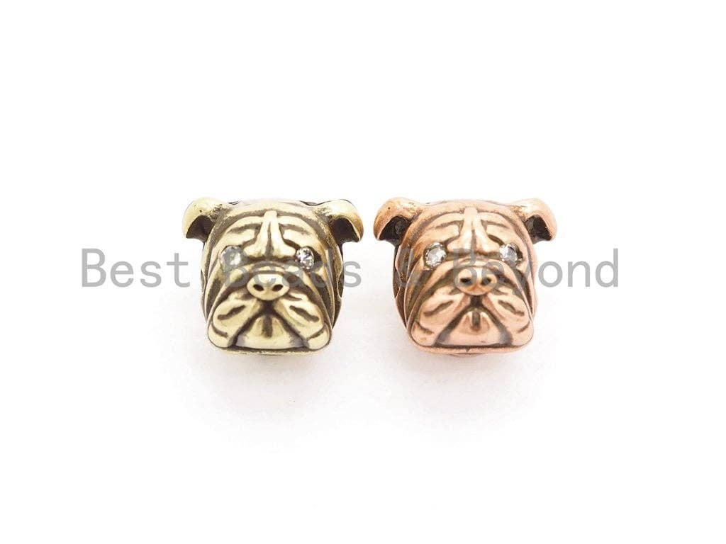 Antique Gold/Copper Bulldog Animal Head Bead, Animal Charm, CZ Pave Dog Spacer Beads, Men's Bracelet DIY, 13x11x11mm, sku#Y136