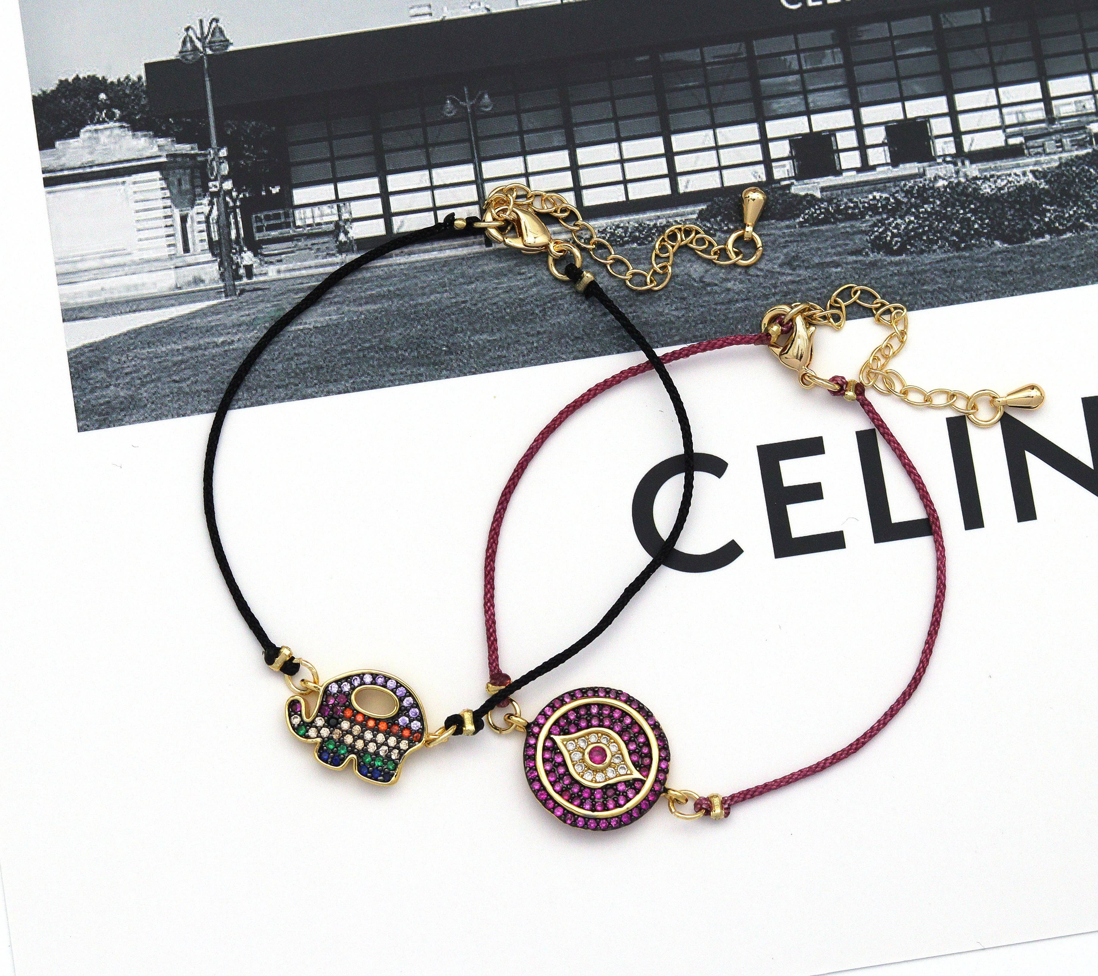String Evil Eye Elephant Twisted Line Connector Bracelet, sku#EF128