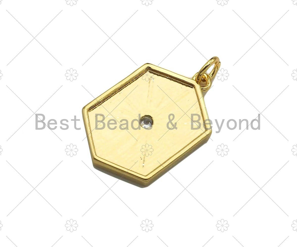 CZ Micro Pave Radial Star On Hexagon Shape Pendant, 18K Gold Medallion Charm, Necklace Bracelet Charm Pendant, 23x15mm,Sku#Y435