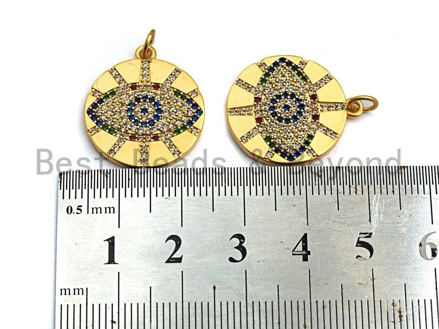 Colorful CZ Micro Pave Round Evil Eye on Disc Pendant/Charm, Lucky eye Cubic Zirconia Pendant, Silver/Gold Tone,20x23mm,Sku#Y204