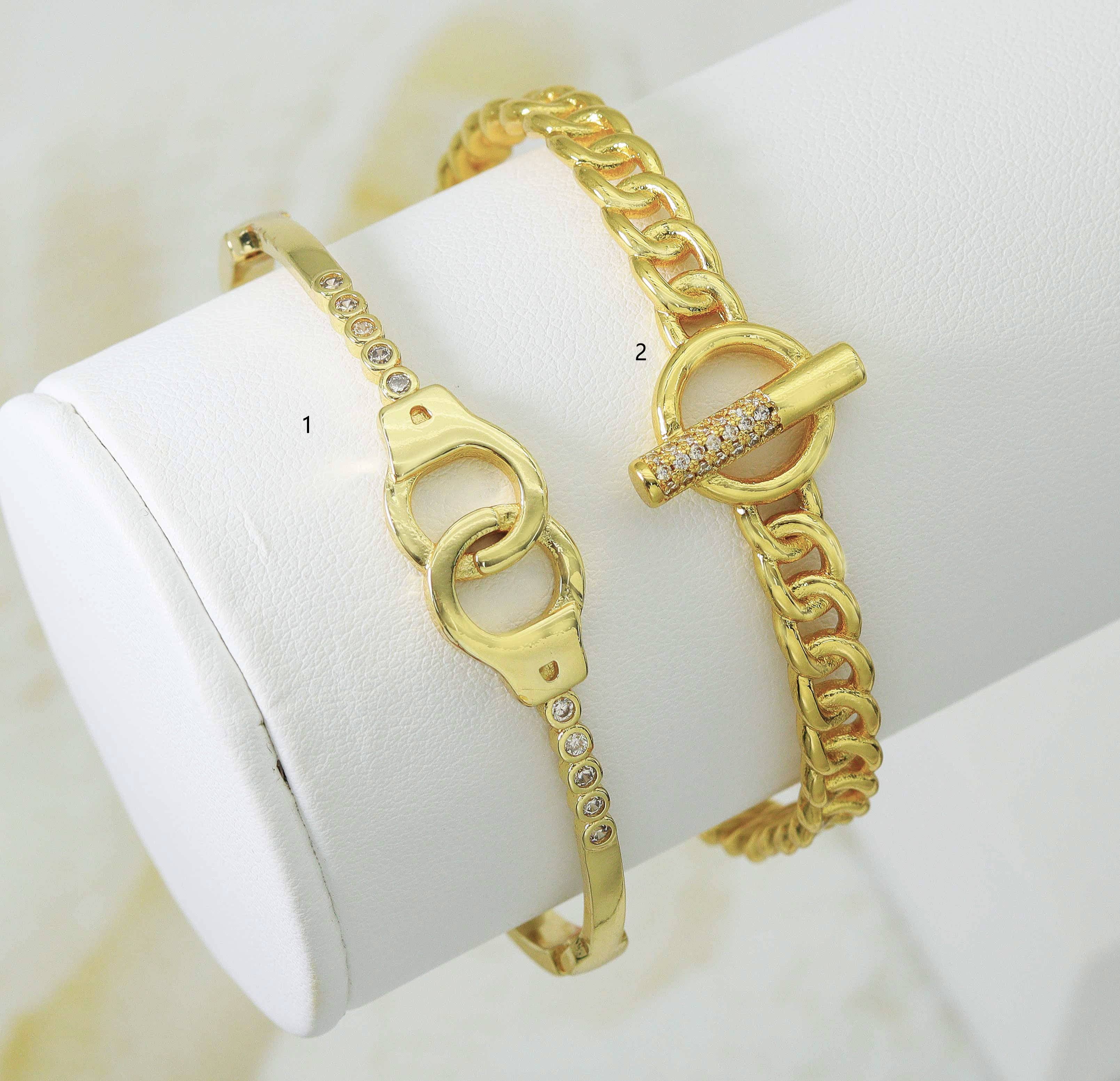 Gold CZ Pave Thin Toggle Handcuff Cuff bracelet, sku#JL118