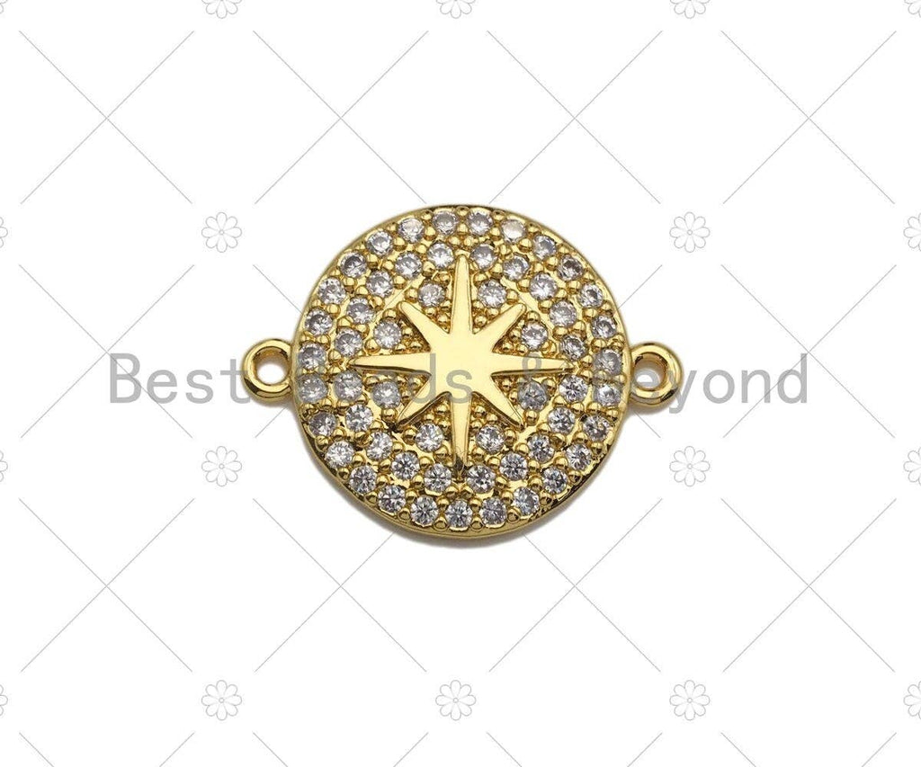 Clear CZ Micro Pave North Star on Round Shape Connector/Link, CZ Pave Bracelet Necklace Connector in Gold Finish,17x22mm,sku#LK149