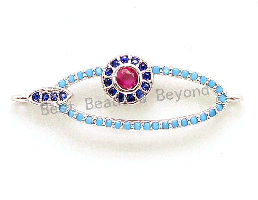 CZ Micro Pave Turquoise Hollow Evil Eye Connector for Bracelet/Necklace, Cubic Zirconia Space Connector, Jewelry Findings,10x31mm,sku#E53C
