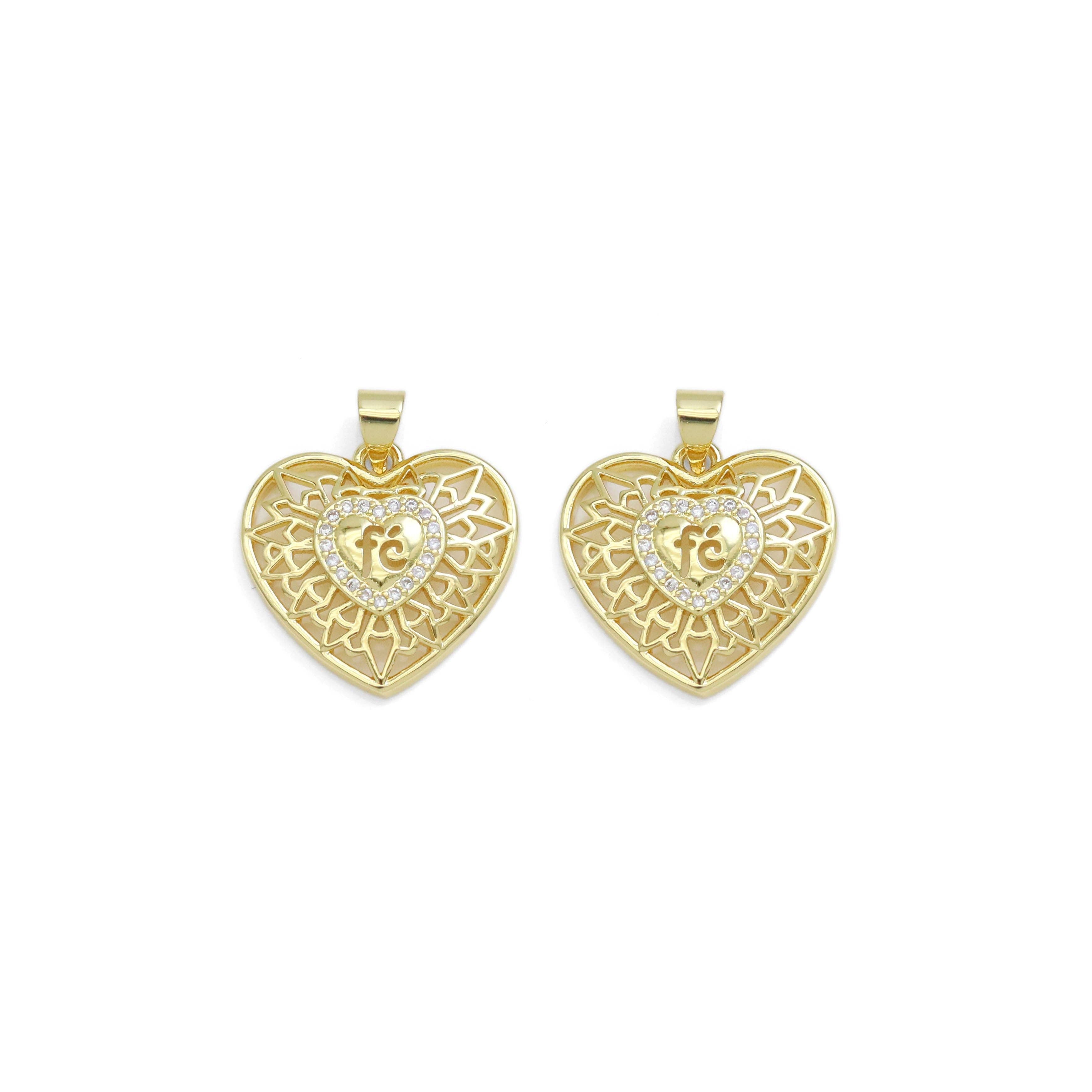CZ Gold Filigree Fe Heart Charm, Sku#LK912