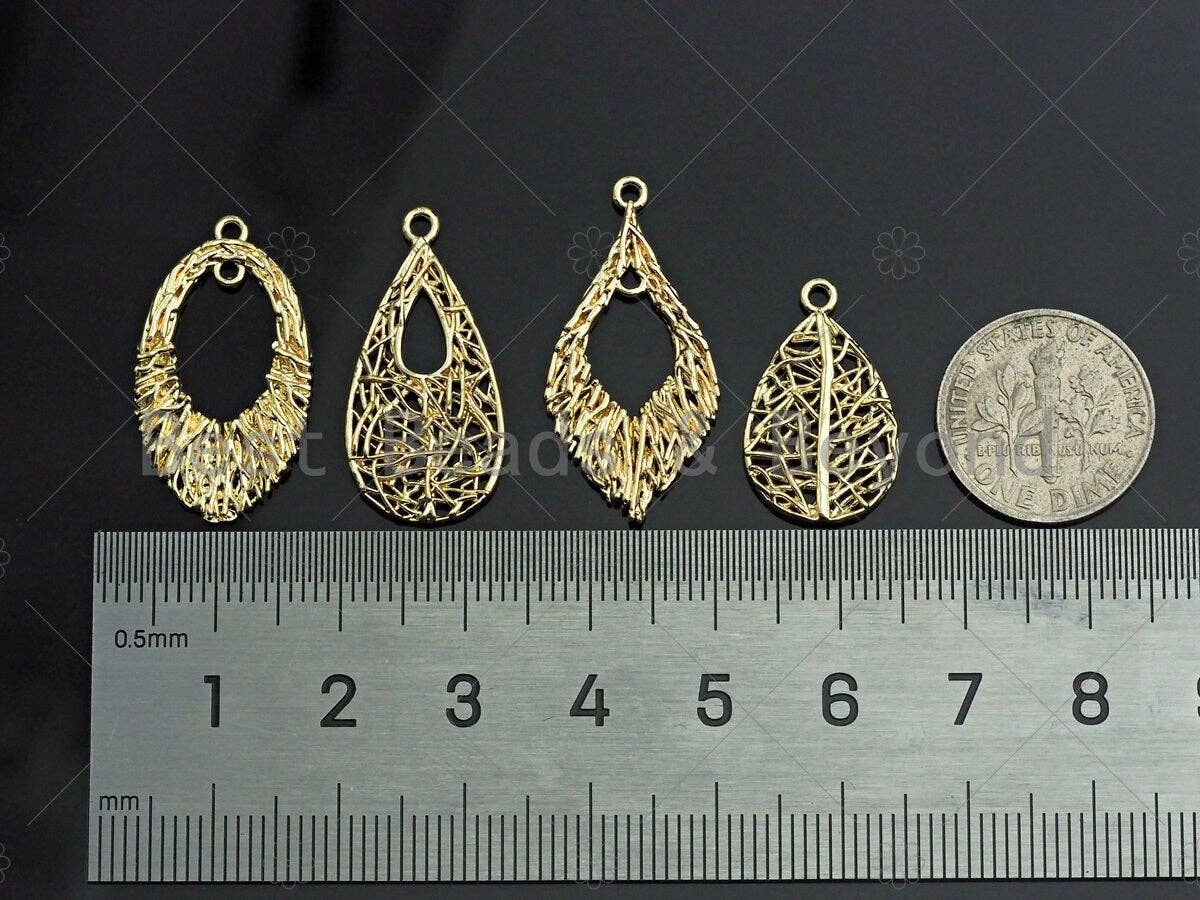 Filigree Gold Lacy Charm, heart/leaf/oval/Teardrop Shape Brushed Gold Twisted Wire Charm Pendants for Earrings necklace making, sku#CP06