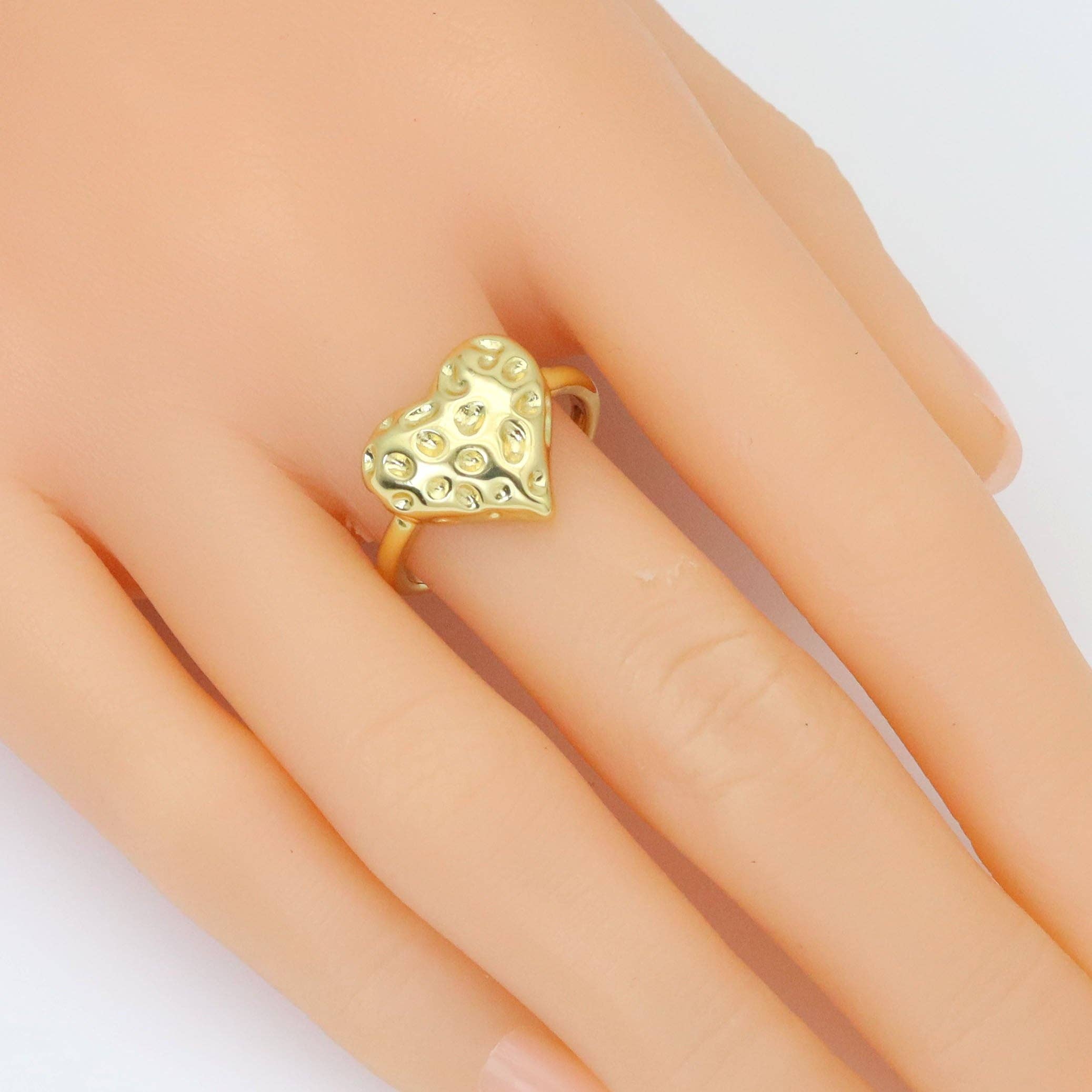 Gold Silver Hammered Raindrop Heart Adjustable Ring, Sku#A235