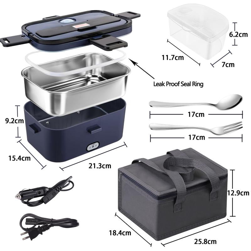 Electric Lunch Box 80W 1.5L Stainless Steel Bento Warmer with Indicator Light & Portable Tableware Set for Home Office Travel Food Quick Storage Fork 80W/1.5L/Black