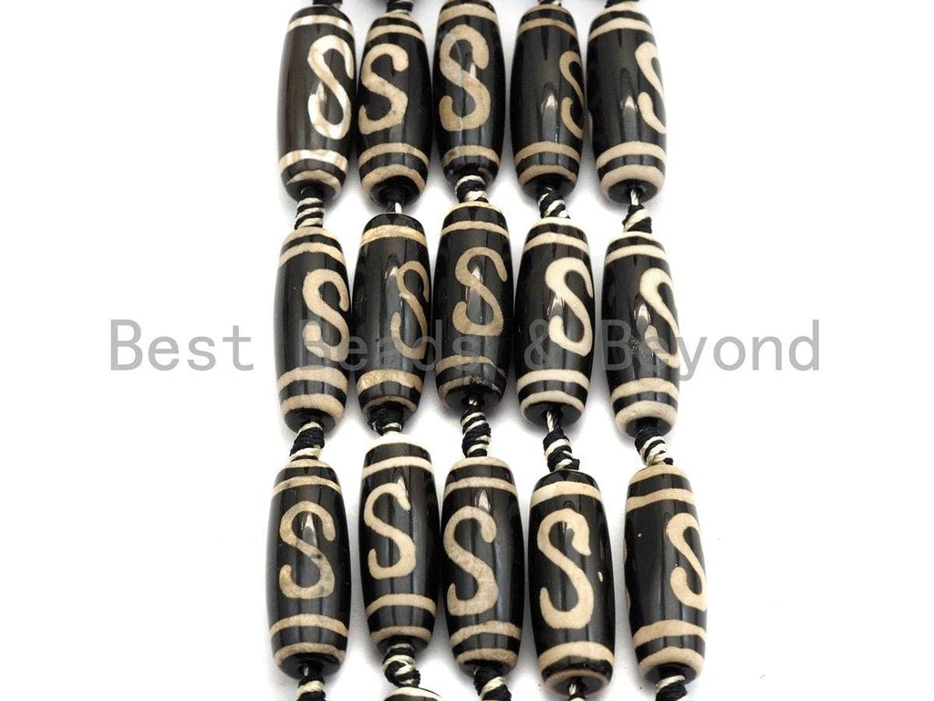 1pc/10pc Natural Tibetan Agate long Barrel Beads, Black White Dzi long oval beads, Zodiac Barrel Agate Beads, 10x30mm,sku#U489