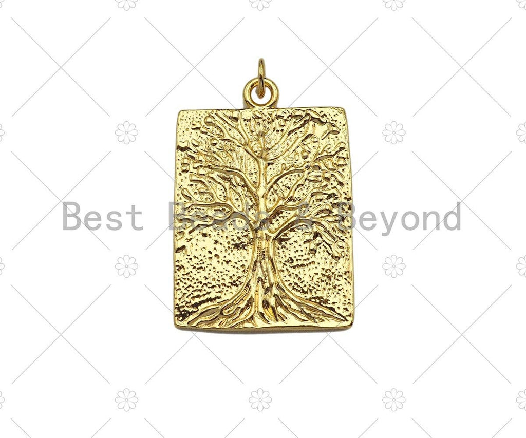 18k Dainty Gold Tree On Rectangle Shape Charms, Dainty Charms, Gold Treen Pendant, Rectangle Necklace Charms, 21x31mm, Sku#LK184