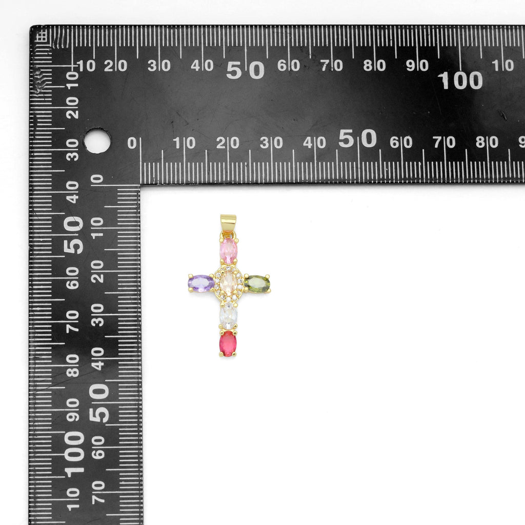 Gold Colorful Oval CZ Cross Charm Pendant, Sku#LD640