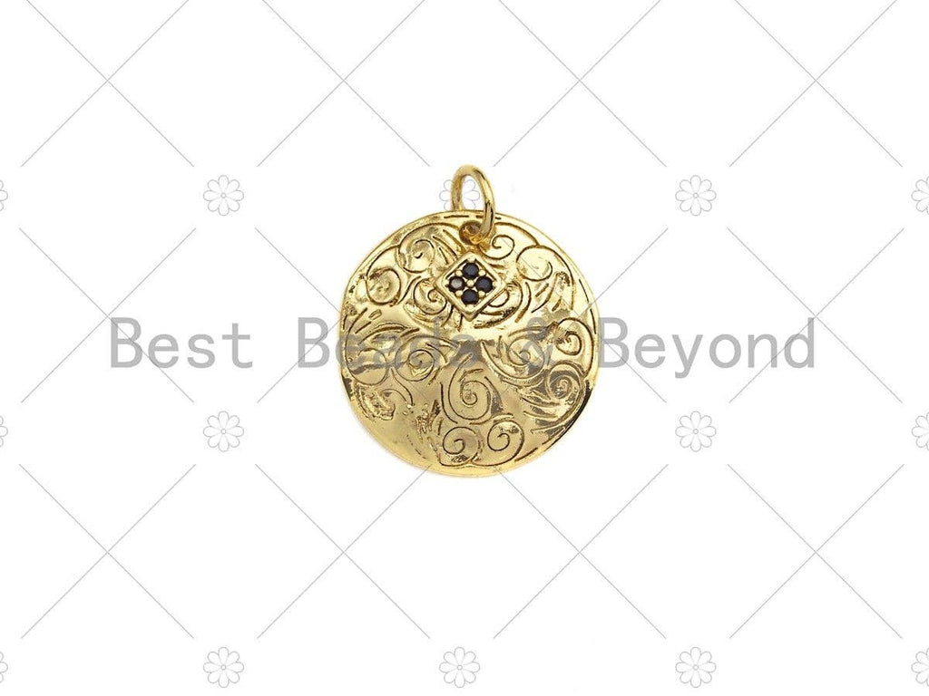 18K Gold Medallion Round Coin with Black Pave Flower Charm, Brass Medallion, Coin Charm, Pave Charm, 17mm, Sku#LK20