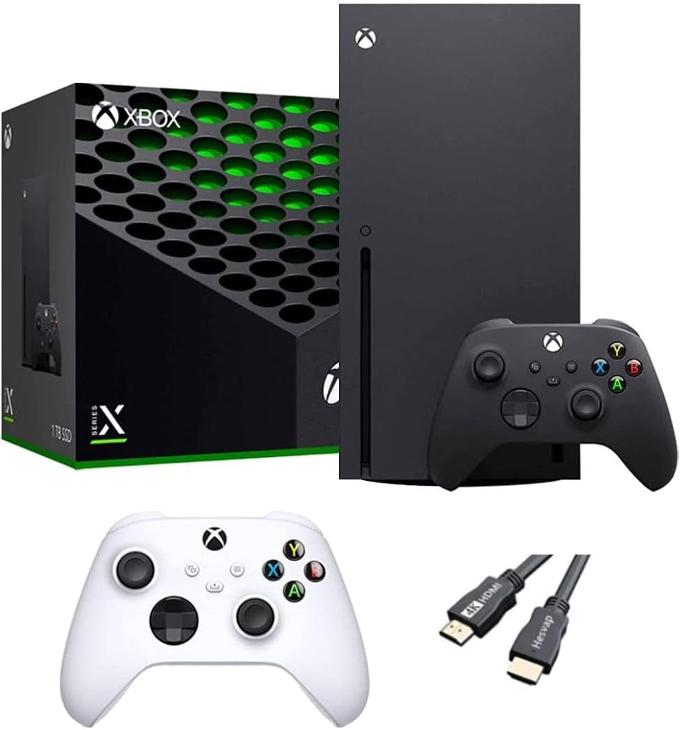 X-Box Series X Gaming Console Bundle - 1TB SSD Black X-Box Console with Two Wireless Controllers -Black and White -And Ahaghug Authorized HDMI Cable
