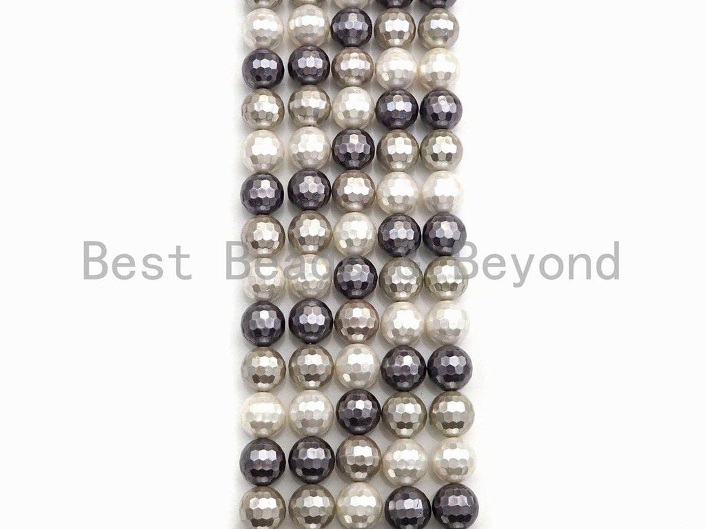 Natural Mother of Pearl White Black Gray Round Faceted beads, 8mm/10mm/12mm Mixed MOP Pearl Beads,15.5inch strand, SKU#T137