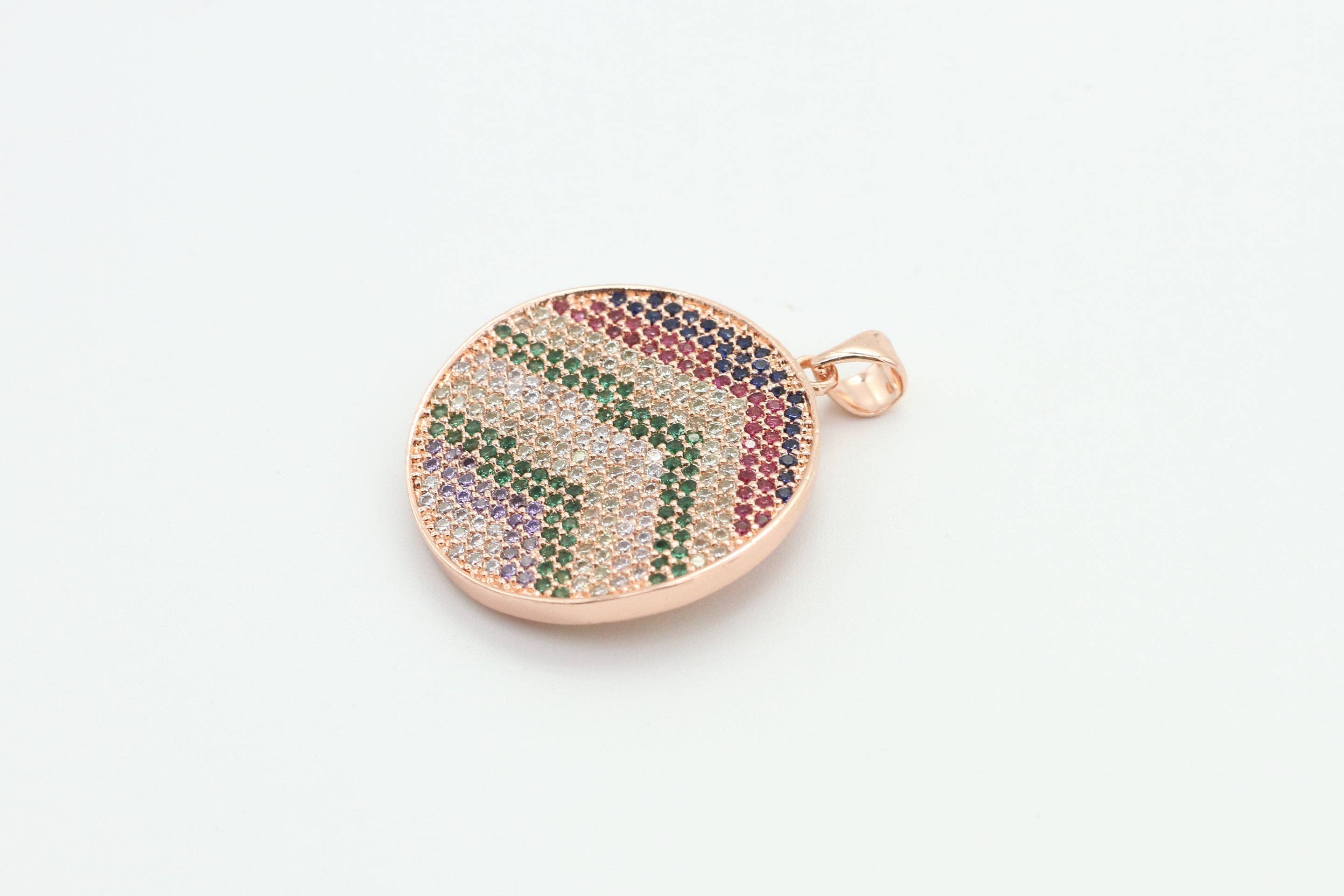 CZ Micro Pave Mixed Color Zigzag Round Disc Pendant, Cubic Zirconia Necklace Pendant, 25x31mm, sku#F3