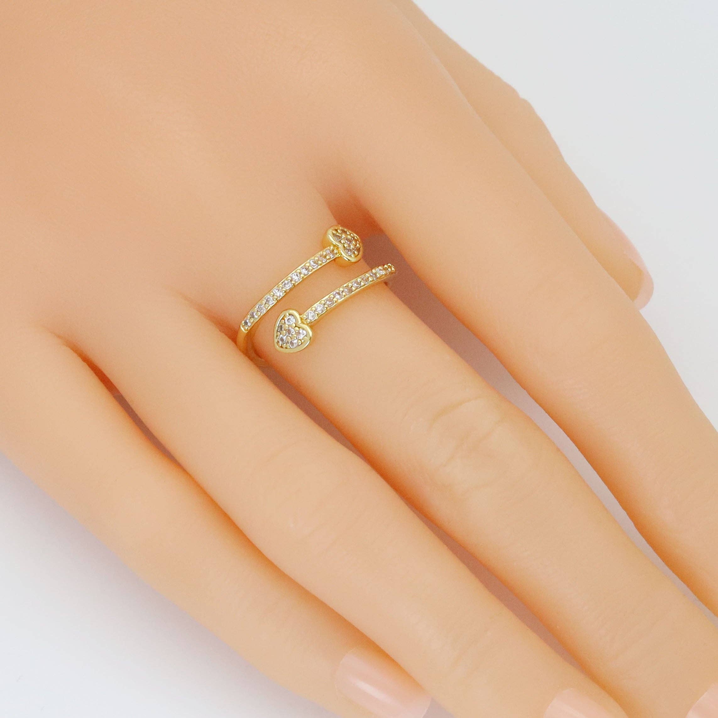 Clear CZ Gold Silver Heart Tip Wrap Adjustable Ring, Sku#A327