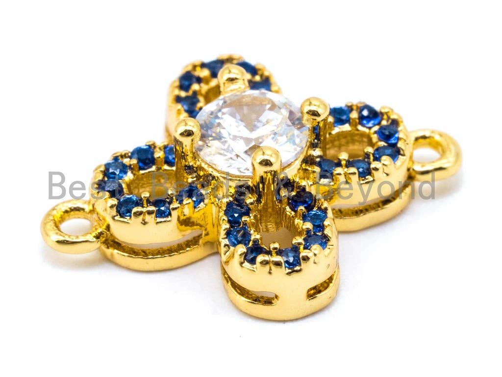 CZ Micro Pave Clover Flower Connector, Blue CZ Pave on Gold/Silver/Black/Rose Gold Finish, Pave Link Connector,13x17mm,sku#M115