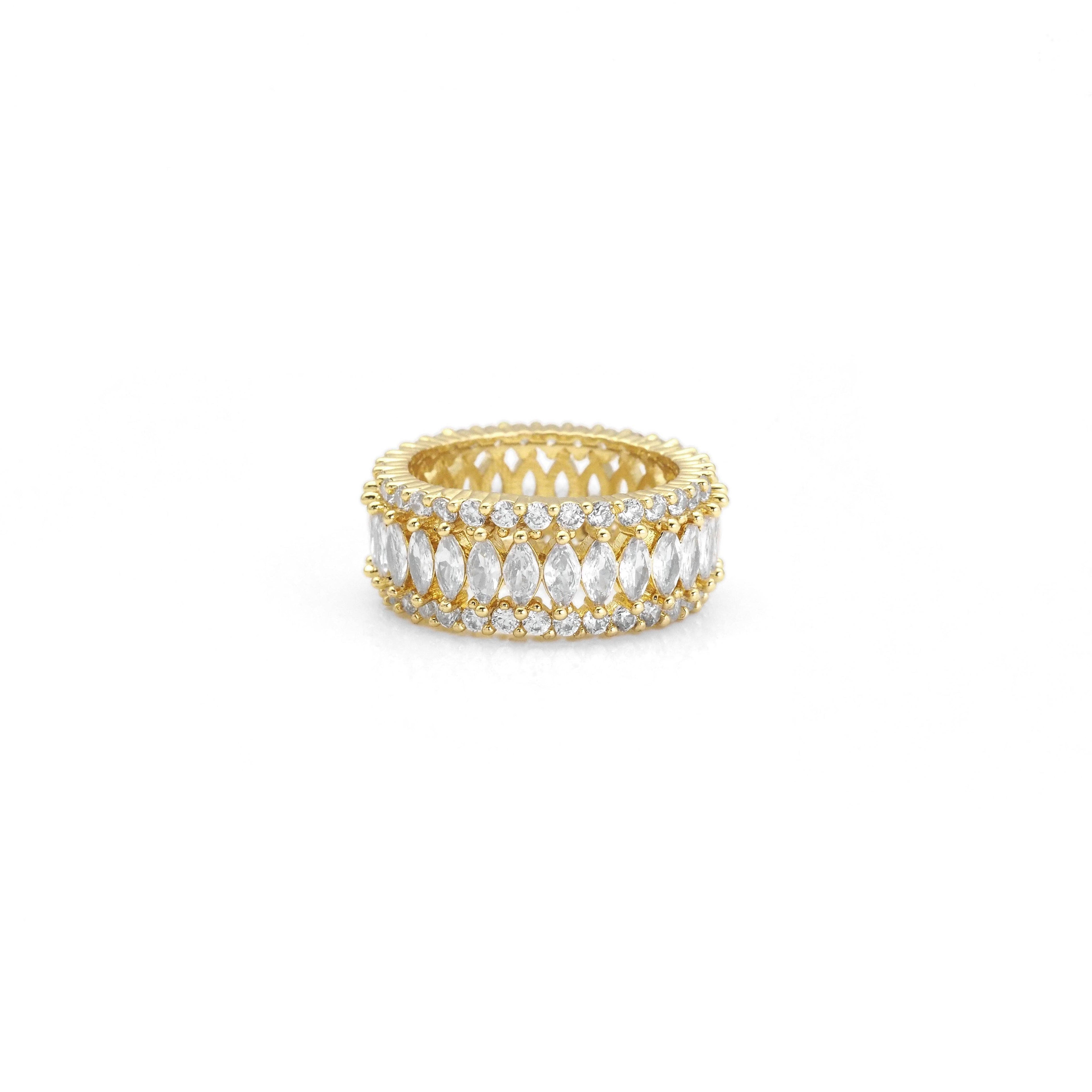 Thick Closed Band Gold Clear Oval CZ Filigree Ring, Sku#LX261