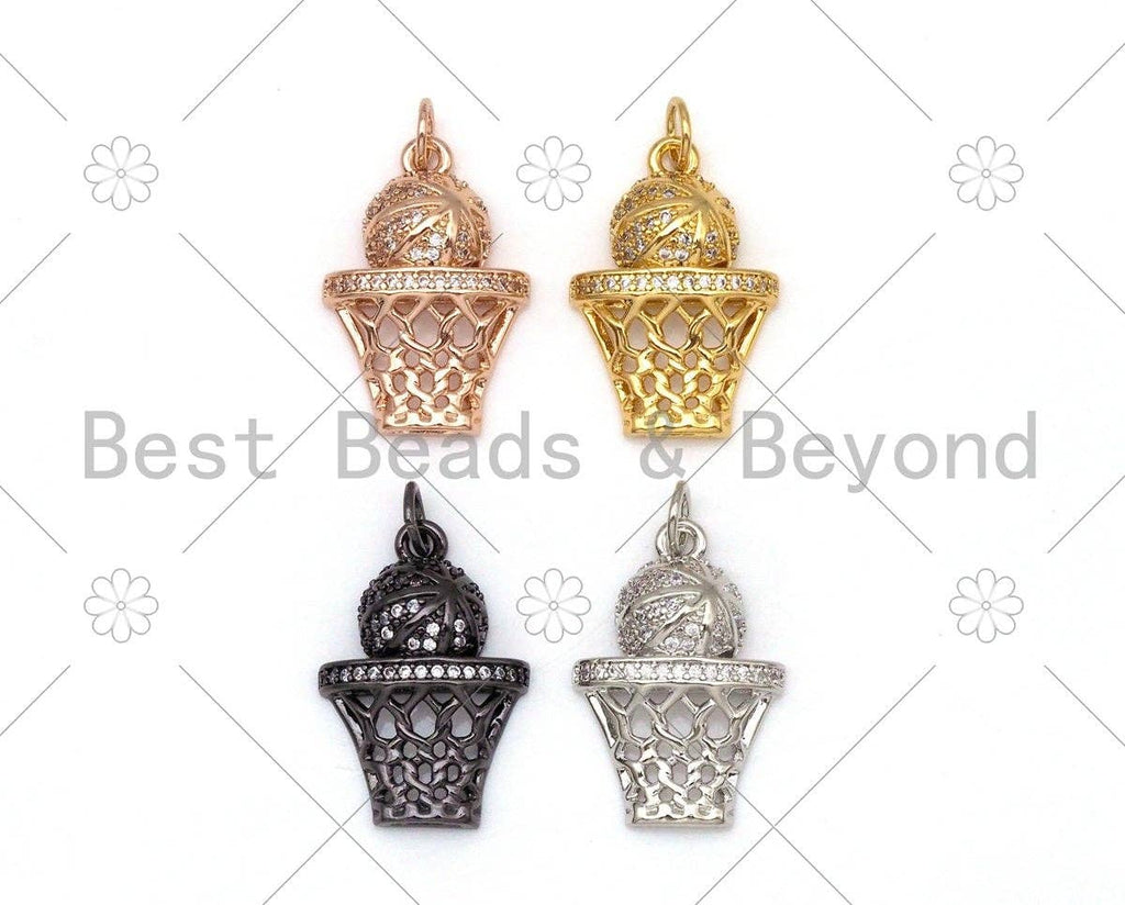 CZ Micro Pave Basketball with Basketball Hoop Shape Pendant,CZ Gold/Sivler/Black/Rose Gold Charm, Necklace Bracelet Pendant,14x21mm,Sku#Y487