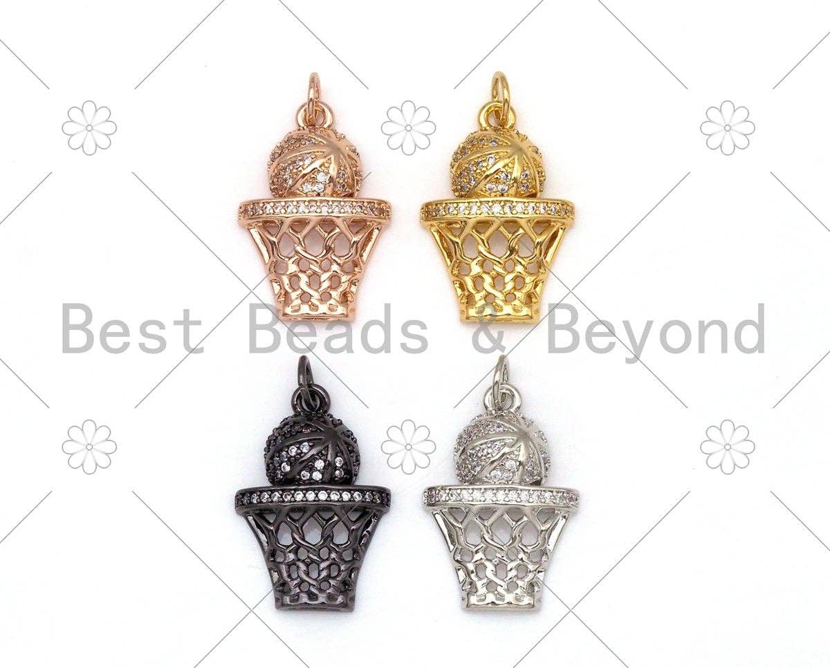 CZ Micro Pave Basketball with Basketball Hoop Shape Pendant,CZ Gold/Sivler/Black/Rose Gold Charm, Necklace Bracelet Pendant,14x21mm,Sku#Y487