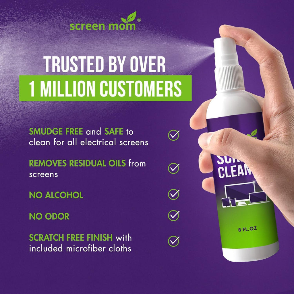 Screen Cleaner Spray and Microfiber Cloth 2-Pack (2X8Oz) by Screen Mom-Screen Cleaner Spray and Wipe for TV, Computer, Phone, Ipad, Car Screen Cleaning Kit Electronic Cleaner Spray