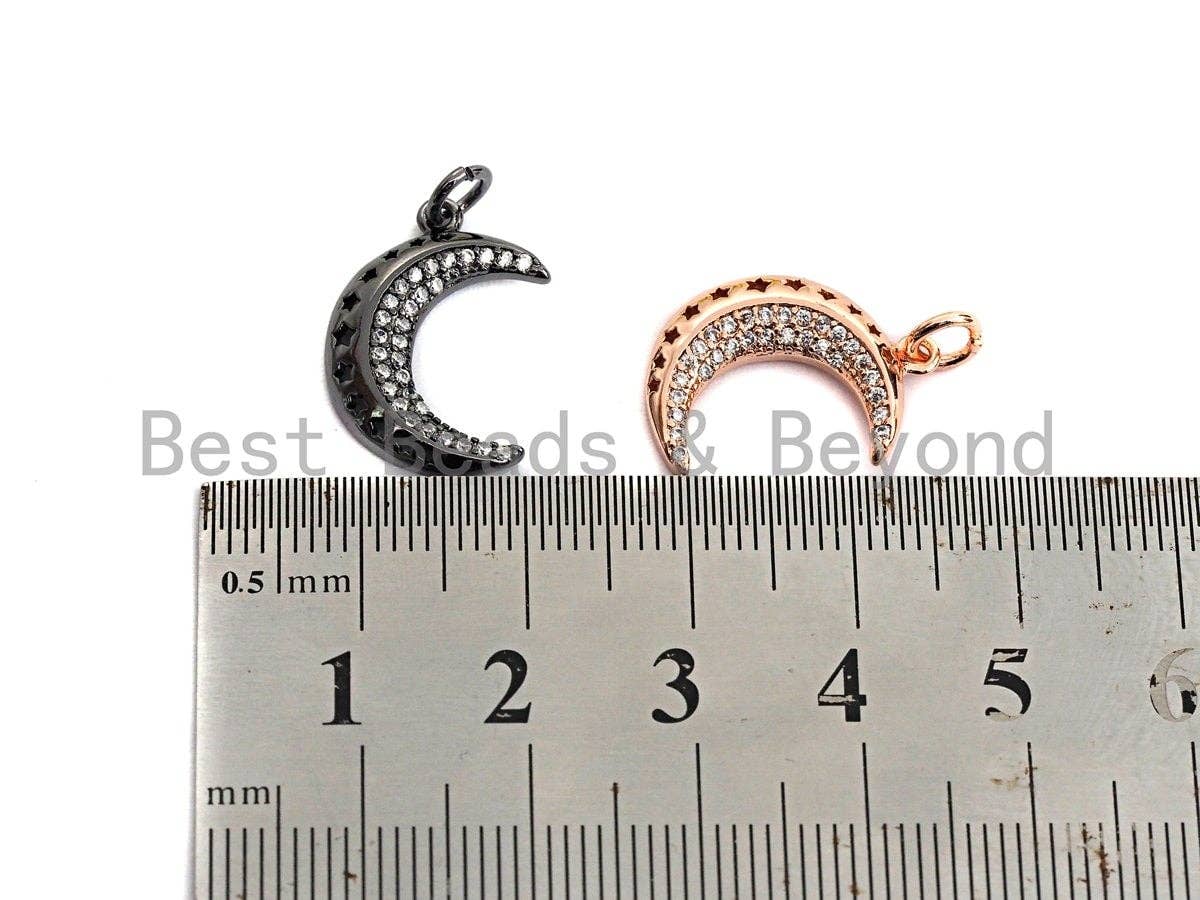 CZ Micro Pave Crescent Moon Star Hollow Out Pendant, Cubic Zirconia Pendant, Silver/Gold/Rose Gold/Black Tone,13x19mm, Sku#Z484