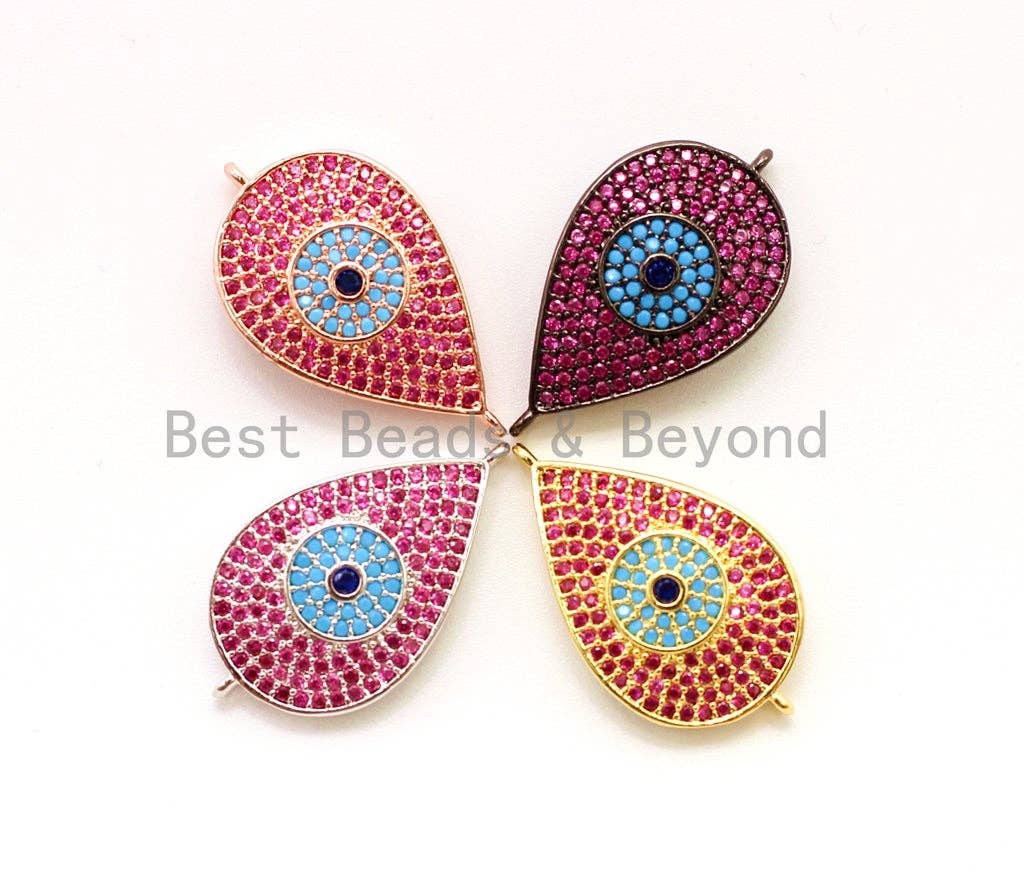 CZ Micro Pave Fuchsia Teardrop Connector with Turquoise Evil Eye for Bracelet/Necklace, Cubic Ziroconia Space Connector, 15x27mm,sku#E26C