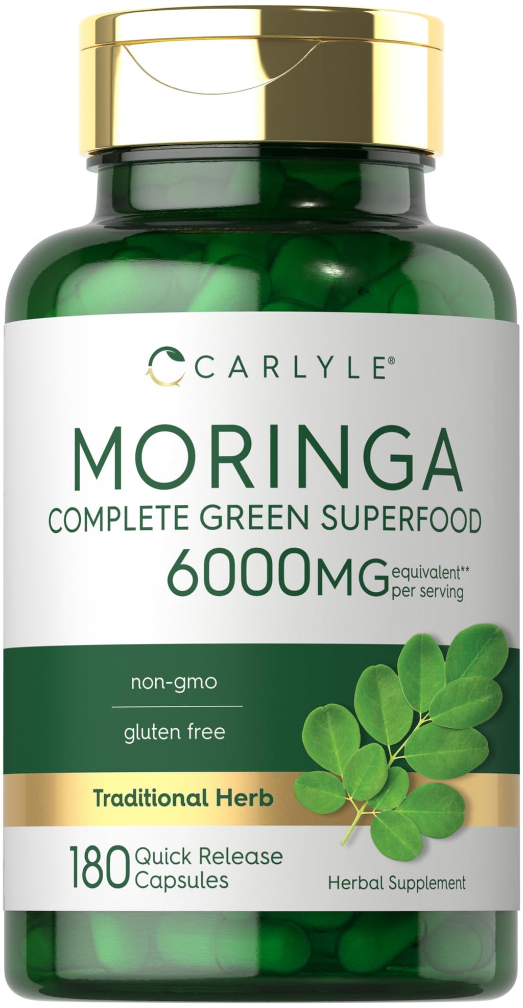 Carlyle Moringa Oleifera | 180 Gélules | Supplément Sans OGM et Sans Gluten | Super-Aliment Vert Complet | à Base de Poudre de Feuilles de Moringa