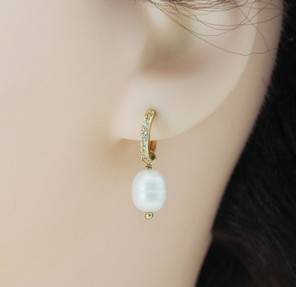 CZ Oval Pearl Hoop Earrings, Sku#EF220