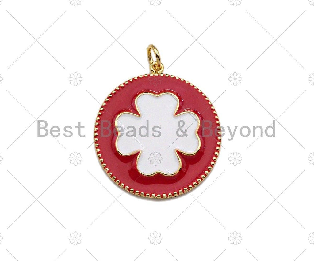 White Enamel Clover On Red Round Coin Pendant,CZ Micro Enamel pendant,Enamel Charm,Enamel Jewelry,24x27mm,sku#Z1214