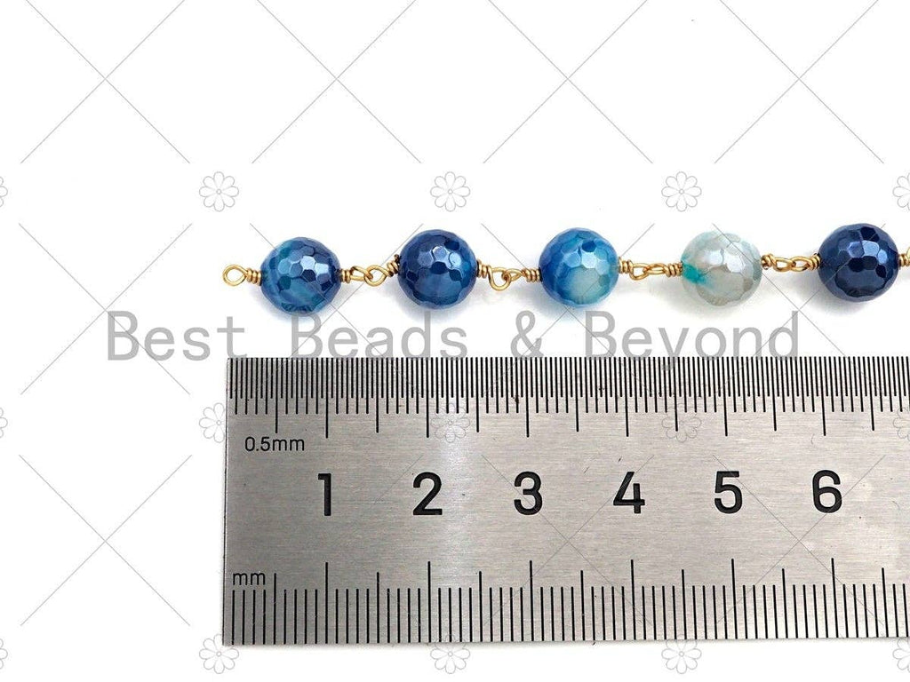 Mystic Agate Aqua Blue/Light Blue/Navy Blue Rosary Chain, 8mm Agate Beaded Chain, Wire Wrapped Gold Chain,Sku#V83
