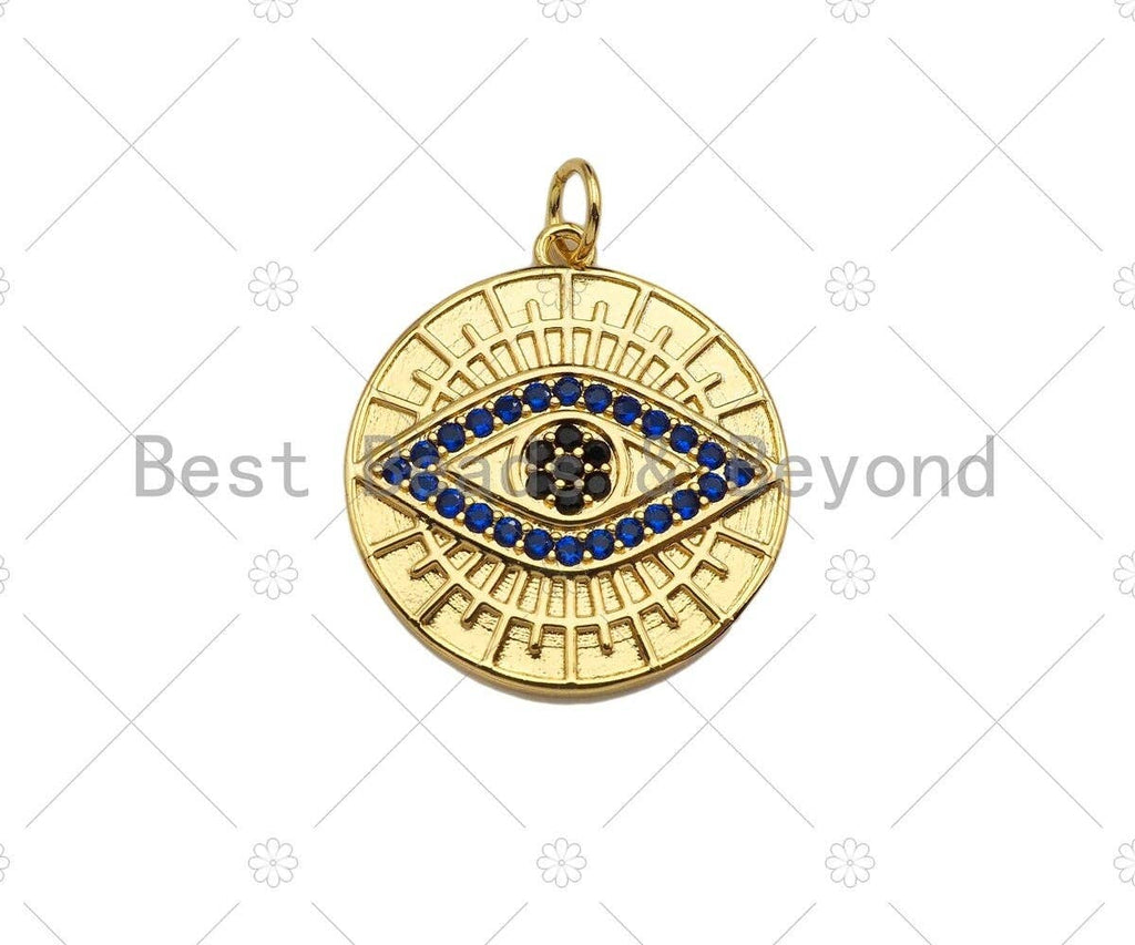 CZ Micro Pave Cobalt Blue Evil Eye On Round Coin Pendant/Charm,Cubic Zirconia Charm, Necklace Bracelet Charm Pendant,20x23mm, Sku#Y364