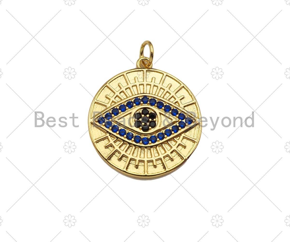 CZ Micro Pave Cobalt Blue Evil Eye On Round Coin Pendant/Charm,Cubic Zirconia Charm, Necklace Bracelet Charm Pendant,20x23mm, Sku#Y364