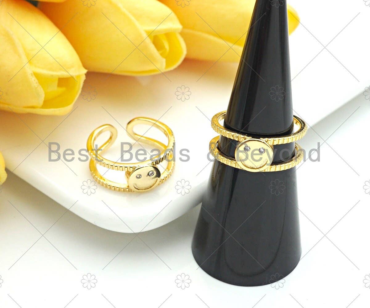 Gold Filled Smiley Face Adjustable Ring, 18K Gold Filled Open Ring, Smiley Face Statement Ring, 21x20mm,Sku#LD128