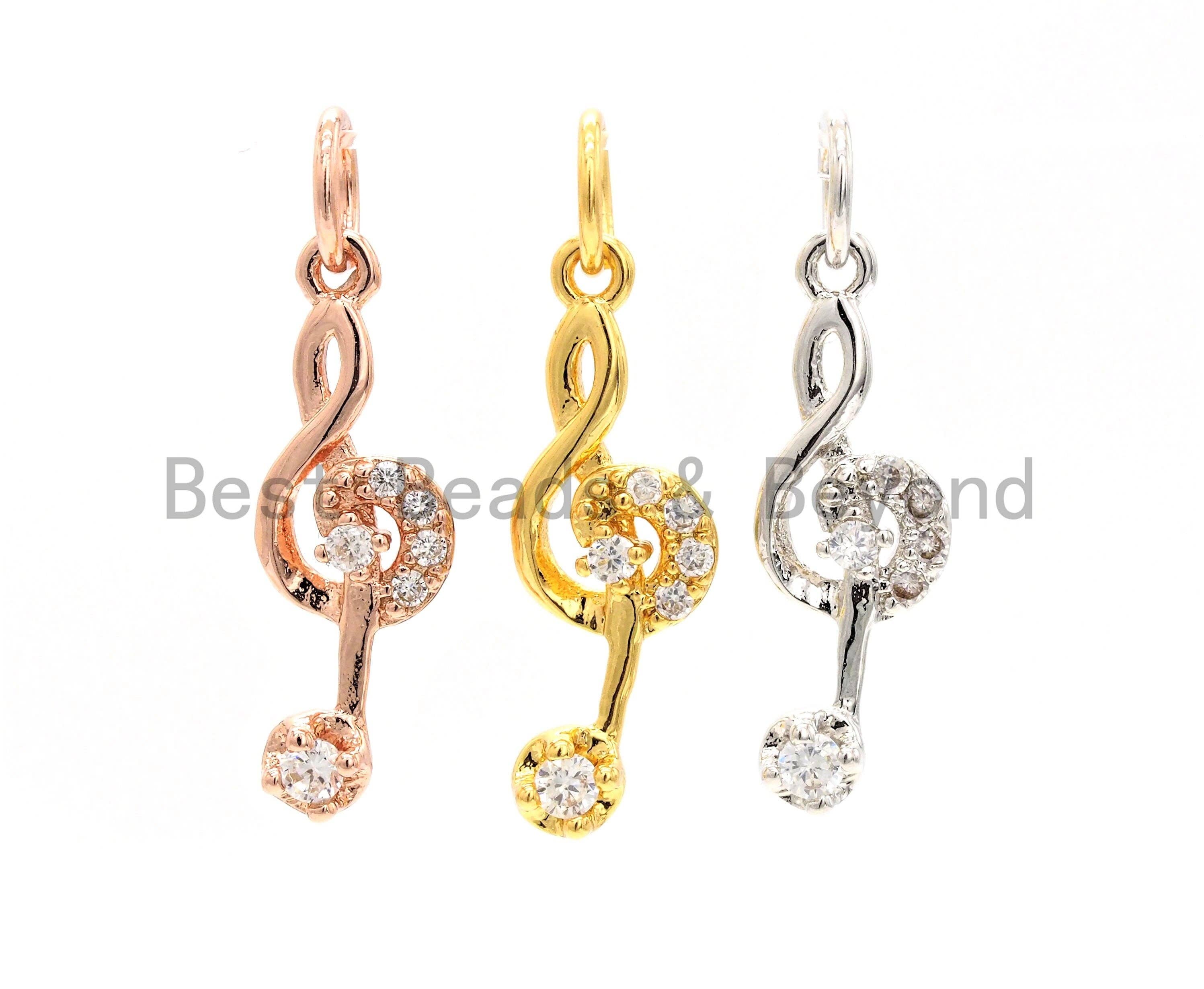 CZ Micro Pave Treble Clef Pendant/Charm,Cubic Zirconia Music Symbol Paved Charm, Necklace Bracelet Charm Pendant, 6x18mm, sku#Y156