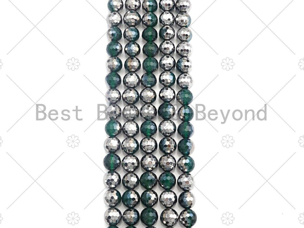 Top Quality Half Silver Plated Green Agate Beads, 8mm/10mm/12mm Round Faceted Green Agate beads, 15.5" Full Strand, sku#UA96
