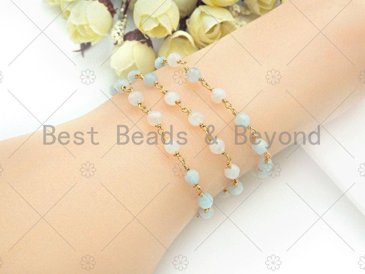 Quality Aquamarine Rosary Chain, 5mm Beaded Chain, Wire Wrapped Gold Chain, Body Belly Chain, Sku#V90