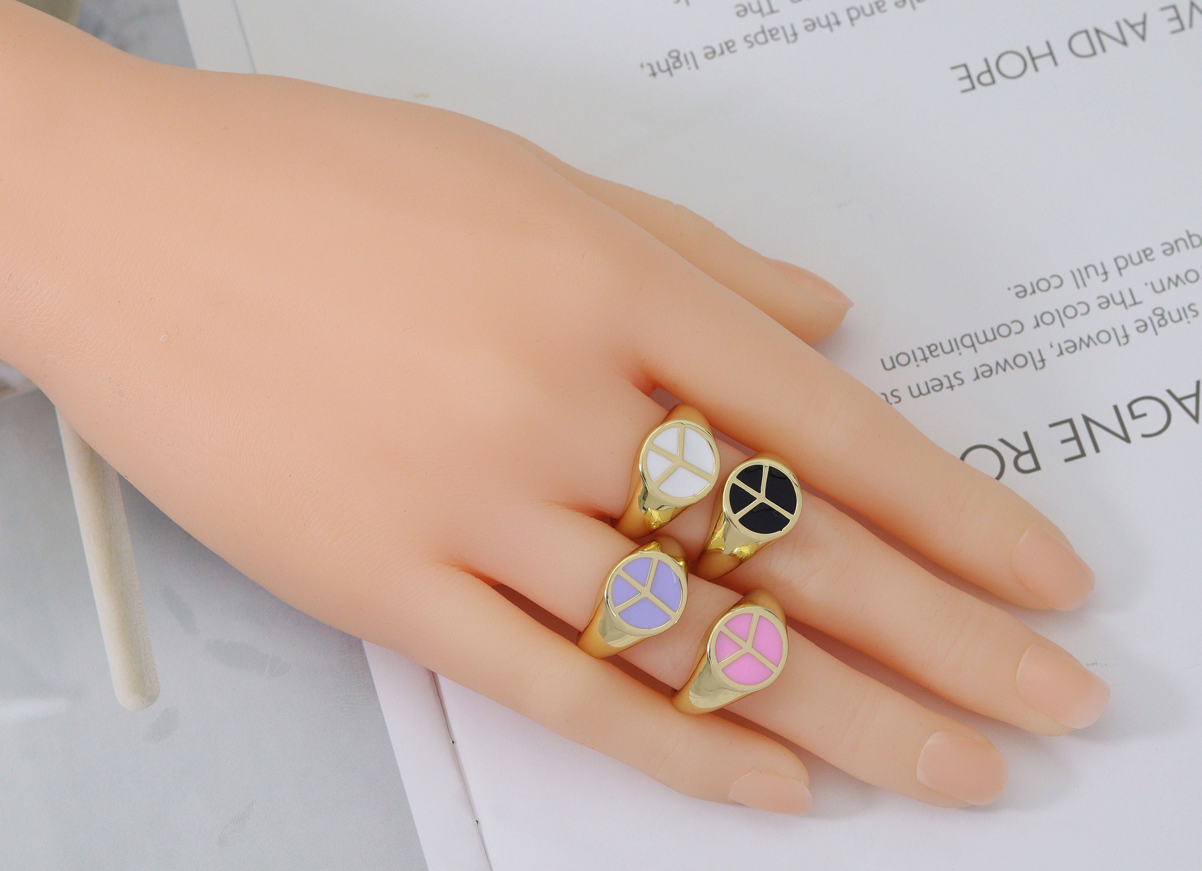 Enamel Peace Sign On Round Adjustable Ring, Sku#X325