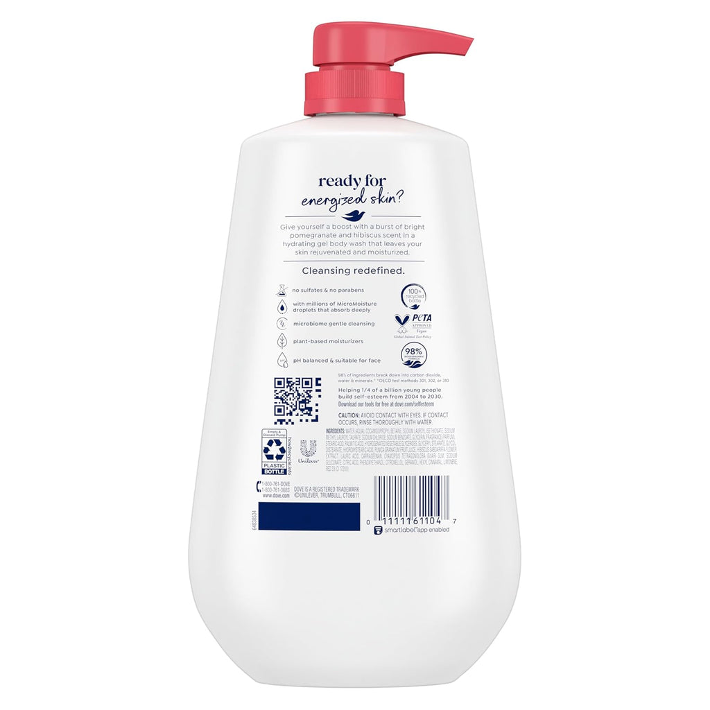 Pain lavant Dove au marc de pompe, grenade et hibiscus pour une peau douce et hydratée pendant 24 h, nettoyant hydratant pour la peau sans sulfates ni parabènes 30,6 oz
