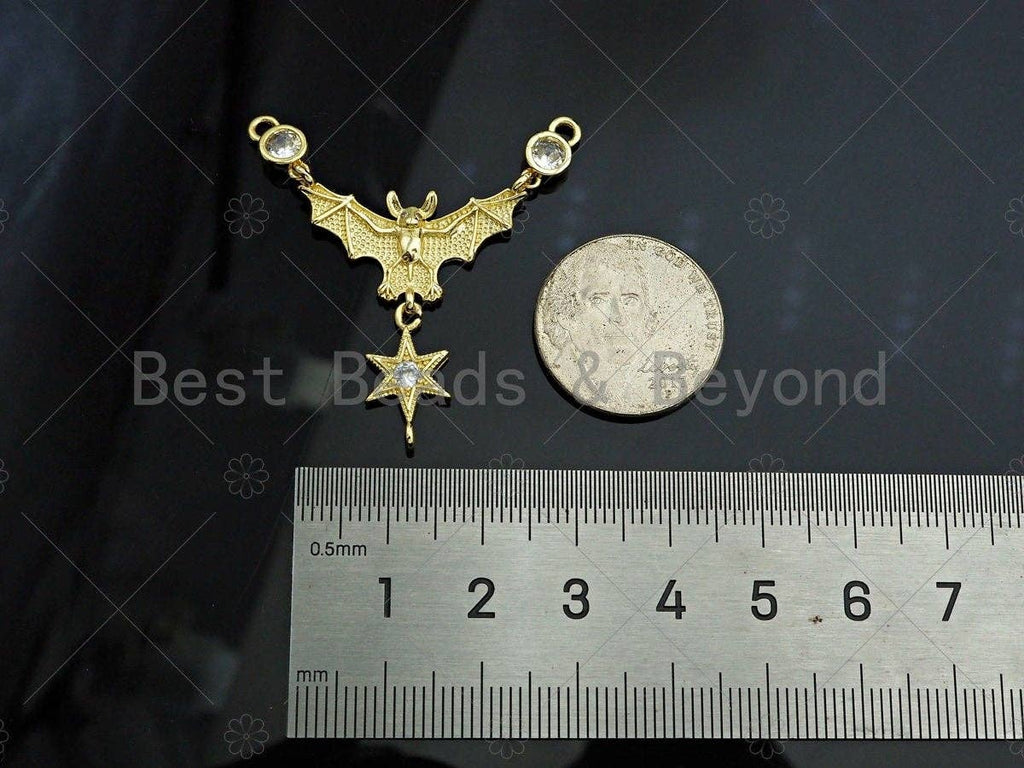Gold Filled CZ Micro Pave Bat With North Star Shape Pendant,18K Gold Filled Bat Charm, Necklace Bracelet Charm Pendant, 42x31mm,Sku#Z1370