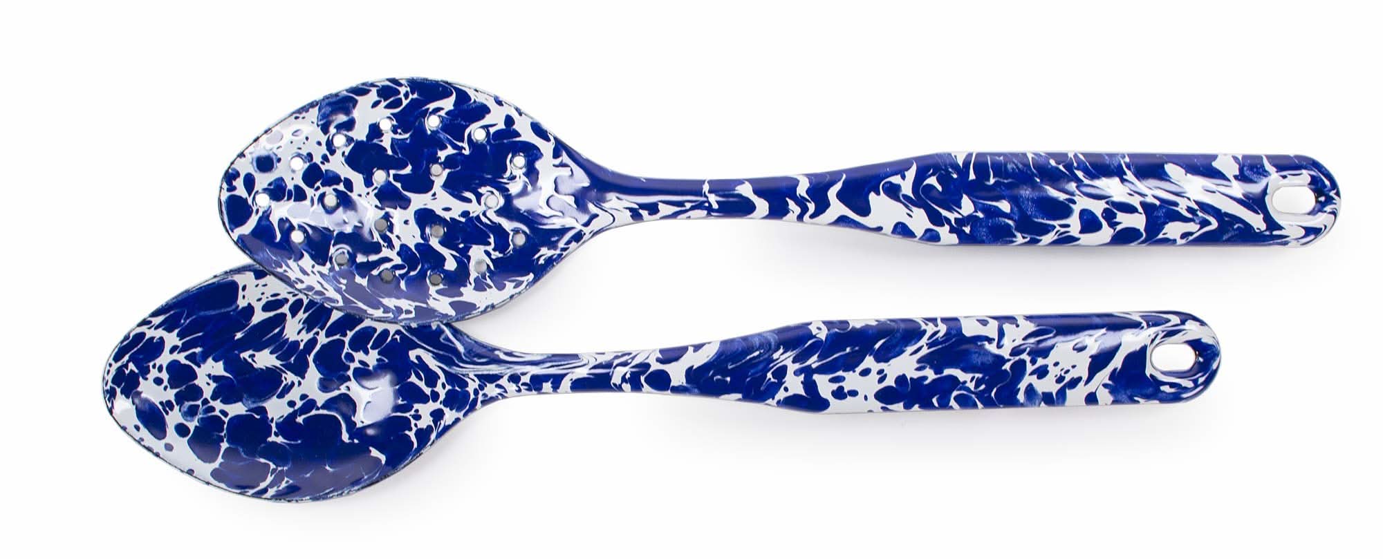 Golden Rabbit Enamelware Serving and Slotted Spoon Set  - Cobalt Swirl