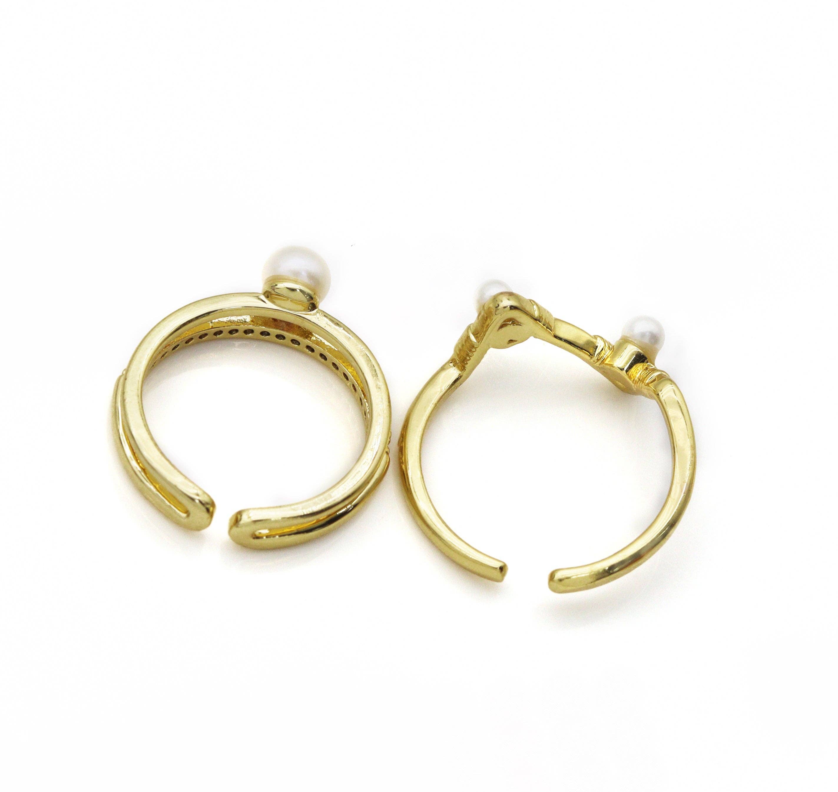 CZ Pave Zig Zag double line Pearl Adjustable Ring, Sku#LD306