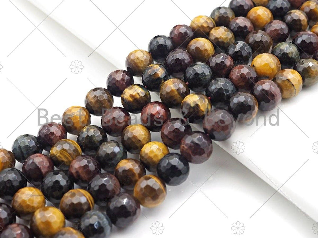 Quality Natural Red Yellow Blue Round Faceted Tiger Eye, Mixed Color Tiger Eye, 6mm/8mm/10mm/12mm Tiger Eye,15.5" Full Strand, sku#UA188